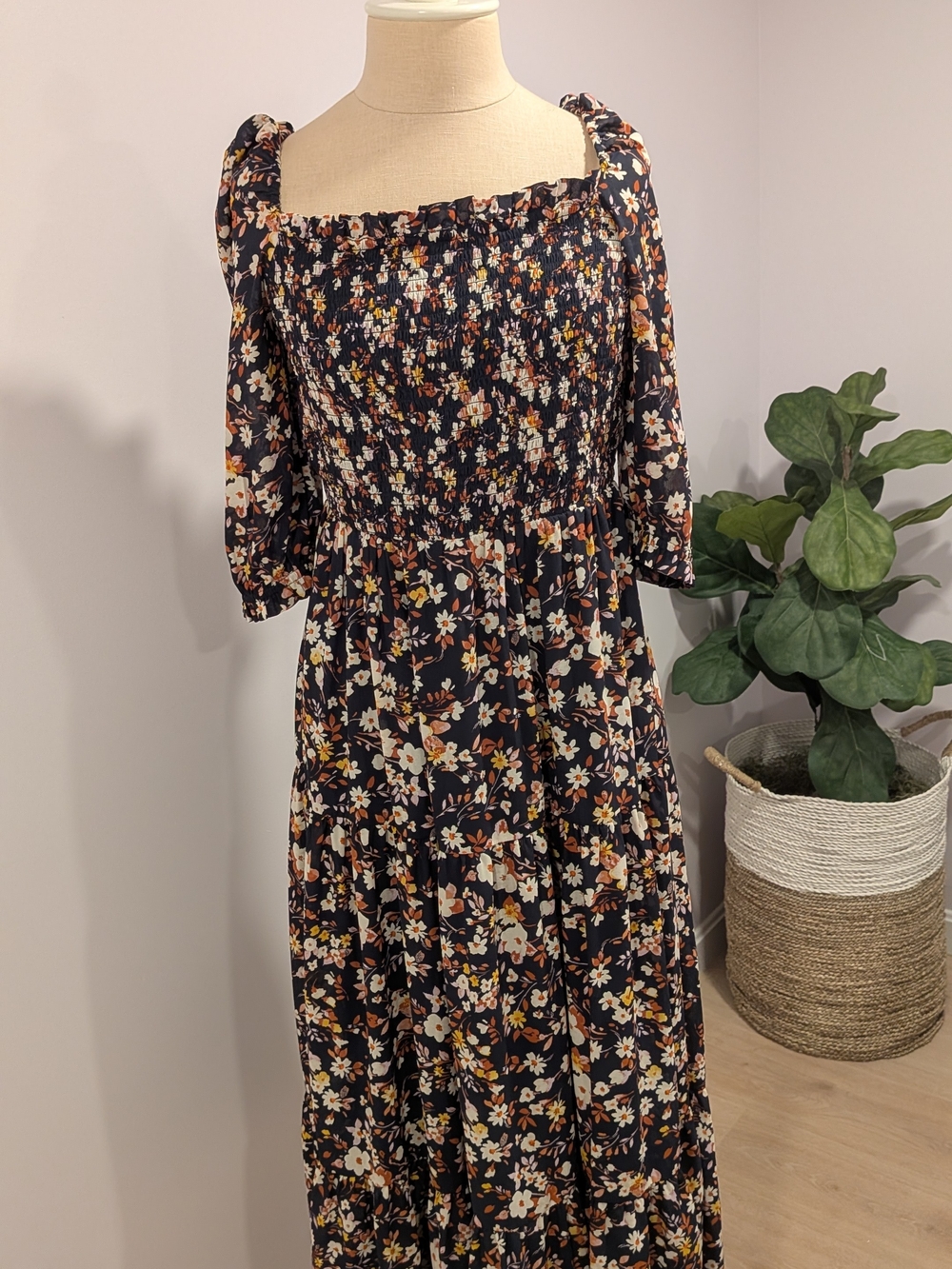 Ann Taylor Cap Sleeve Floral Smocked Square-Neck Maxi Dress